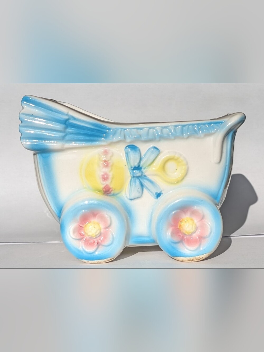 VTG Ardco Teddy Bear Carriage Ceramic Nursery Figurine Planter Retro Japan